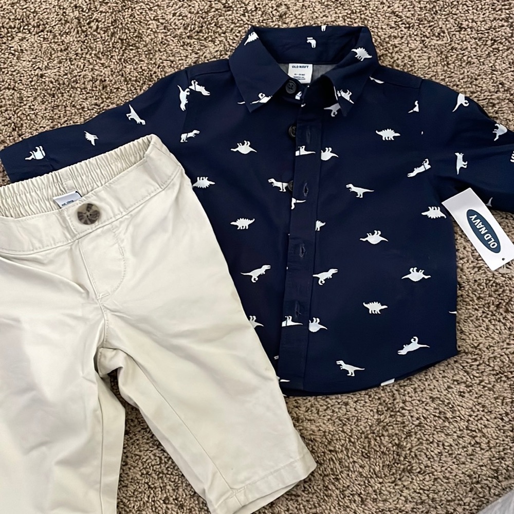 Old navy dinosaur dress shirt and khaki pants